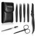 Eyebrow Tweezers Set HOCOSY 7 in 1 Eyebrow Kit includes Eyebrow Scissors Brush Eyebrow Razor Stainless Steel Best Precision Eyebrow Shaper Trimmer for Ingrown Hair with Leather Travel Case
