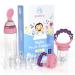 Gedebey Baby Fruit Feeder Pacifier - 3 Pack | 2 Silicone Baby Feeder Pacifiers & 1 Baby Feeding Spoon | Frozen Fruit Teether | Forage Feeder | Food Pacifier for Babies | Baby Food Spoon (Pink)