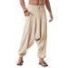 Runcati Men's Cotton Harem Pants Baggy Hippie Casual Linen Yoga Pants Beach Low Crotch Trouser Brown M