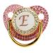 Baby pacifier occupied with rhinestones ergonomic solid and golden light and flexibly curved design for home (letter e)