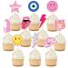 Whaline 40Pcs Preppy Pink Party Cupcake Toppers 10 Designs Paper Cake Decor Cute Cupcake Picks for Y2K Bachelorette Birthday Party Supplies Photo Booth Props