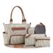 SONARIN 7pcs Nappy Changing Bag Set Multifunction Mummy Tote Bag Baby Changing Bag Shoulder Handbag Travel Diaper Bag with Bottle Bag Changing Mat and Stroller Straps white stripped(Khaki)