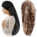 Satin Bonnet for Women 2 Pack Soft and Elastic Black Leopard Long Hair Cap，Large Breathable Silky Hair Bonnet for Sleeping Cap，Braids Bonnets for Women