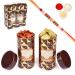 Jaiccha Ghasitaram Rakhi Gifts for Brothers Box 2 Tin Jars of Flavoured Almonds and MEWA Bites with Pearl Rakhi