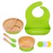 Bimba Bambino Baby Weaning Set | Bamboo Suction Plate Bowl Two Spoons and Silicone Bib Sturdy and Safe Non-Toxic Natural Bamboo Green