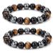 8mm Tigers Eye Bracelet - Triple Protection Bracelet Tigers Eye Bracelet Black Obsidian and Hematite Beaded Bracelets for Men Women for Bring Luck and Prosperity