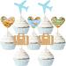 36 Pieces Travel Themed Cupcake Toppers Set Airplane Cupcake Toppers Map Heart Cake Toppers for Travel Themed Baby Shower Party Decorations (Blue and Brown)