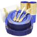 Nervure 175PCS Clear Blue Plastic Plates - Gold Plastic Plates Sets Include 25Dinner Plates, 25Dessert Plates, 25Cups, 25Forks, 25Knives, 25Spoons, 25Napkins for Weddings & Party