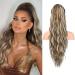 REECHO Ponytail Extension 26" Long Beach Wave Drawstring Pony Hair Extension Synthetic Pony Tail Hairpiece for Women - Ash Brown with Platium Highlights