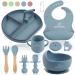 Baby Weaning Set by Bebefant Suction Bowl Suction Plate Baby Cup Adjustable Bib with Pocket Bamboo Fork & Spoon for Baby Led Weaning Baby Feeding Set (Large Blue) Blue - Large Set