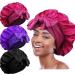 3pcs Satin Bonnets for Black Women  Large Silky Bonnet with Tie Band  Jumbo Braids Bonnet  A Set A- Black  Wine Red  Purple