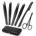 6 Piece Tweezers Set Eyebrow Tweezers Scissors Set with Stainless Steel Point Slant Flat Tip Tweezers and Eyebrow Razor and Scissors for Eyebrows Plucking Facial Body / Ingrown Hair Removal-Packed in Leather Case