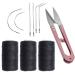 Weaving Needle and Threads Set 3 Rolls Black Thread with 6 Pieces C/J/I Shaped Stainless Steel Needle and 1pc Sewing Scissors for Hand Sewing Hair Weave Extensions and Lace Wig DIY