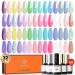 Modelones 32Pcs Pastel Gel Nail Polish Kit 28 Colors Macarons Summer Glitters Gel Polish with Glossy& Glitter& Matte Top Coat Base Coat Starter Kit Soak Off UV Nail Gel Nails Art Manicure Gifts Pastel Blue
