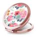 iampanda Compact Rose Gold Mirror for Women Round Mini Pocket Makeup Mirror for Purse Cute Portable Folding Travel Mirror with 2X Magnifying (Pink Green Flower)