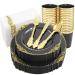 Nervure 175PCS Clear Black Plastic Plates - Gold Plastic Plates Sets for 25 Guests Include 25Dinner Plates, 25Dessert Plates, 25Cups, 25Forks, 25Knives, 25Spoons, 25Napkins for Parties & Halloween
