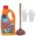 Drain Unblocker Set - Bundle Includes Duzzit Unblocker Liquid Sink Toilet Plunger and Pair of Gloves - Heavy Duty Set Clears blocked Drains Sink Bath and Showers
