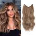 One piece Invisible Wire Hair Extensions Clip in Natural Wavy Synthetic Hair Extension with Transparent Wire Adjustable Size 2 Secure Clips Headband Long Curly Secret Hair Pieces for Women 16inch Brown mix Blonde