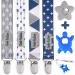 The Dodo Babies pacifier clip and bite ring toy set contains four clips and two silicone bite ring toys a universal holder and funny blue and gray prints for girls or boys.