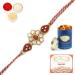 Ghasitaram Gifts Rakhis Online - J-31062 Rose Flower Jewel Rakhiwith 100 GMS of Dryfruits Mix Can 200 GMS of Kaju katli Rakhi & 100g Dryfruits Mix Can 200g Kaju katli