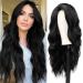 Long Black Wavy Wig for Women 24 Inch Middle Part Curly Synthetic Hair Natural Looking Heat Resistant Fiber for Daily Party Use (Black)