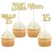 Gyufise 24Pcs Gold Glitter 15th Birthday Cupcake Toppers Mis Quince 15 Cake Toppers Hello 15 Fifteen Cupcake Picks for 15th Birthday Cake Decorations Supplies Gold 15