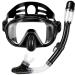Snorkel Set, Zipoute Snorkel Dry Top Snorkeling Gear for Adults, Panoramic Anti-Leak and Anti-Fog Tempered Glass Lens, Adults Adjustable Snorkeling Set, Scuba Diving Swimming Training Snorkel Kit Black