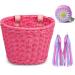 Bike Basket Kid Bicycle Basket Bike Accessories, 1pc Bicycle Bell with Stickers, 1pc Kid Bicycle Front Basket and 1pairs Colorful Ribbons Tassels Decoration for Girl Boy Pink