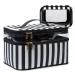 Large Makeup Bag, BAGSMART Travel Cosmetic Case with Clear Toiletry Pouch Bag, Double Layer Makeup Organizer with Adjustable Dividers, Portable Artist Storage Bag, Leather Stripes Black & White Stripes-Black and White