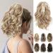 REECHO Ponytail Extension Claw Clip in Ponytail Hair Extensions 10 Inch Short Curly Ponytail Natural Wavy Synthetic Hairpiece for Women Medium Blonde with Highlights 10 Inch Medium Blonde with Highlights