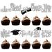 FoldTier 100 Pcs Graduation Cupcake Toppers Congrats Grad Class of 2024 Graduation Cupcake Picks Diploma Cupcake Toppers Supplies for Cake Graduation Party Decorations (Black Silver)