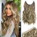 One piece Invisible Wire Hair Extensions Clip in Natural Wavy Synthetic Hair Extension with Transparent Wire Adjustable Size 2 Secure Clips Headband Long Curly Secret Hair Pieces for Women 20inch Bright Bronde Highlights