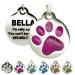 Engraved Cat Tags - Personalized with 4 Lines of Custom Engraved ID, Round Paw Print Stainless Steel Enameled in 6 Colors: Ocean Blue, Aquamarine, Deep Pink, Magenta, Pale Green, Amber Without Tag Silencer Deep Pink