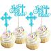 Rsstarxi 24 Pack God Bless and Baptism Cupcake Toppers Glitter Cross God Bless Cupcake Picks Decorations for Babyshower Christian First Communion Baptism Party Cake Decorations Blue