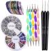 Nail Art Accessoires Set Kit With 5 colorful double ends Dotting tools Dotter SWIRLS 3 Details Brush panes with 2000 silver STRESSESTESES Decorations crystals/jewels and 10 rolls decorative strips