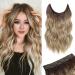 One piece Invisible Wire Hair Extensions Clip in Natural Wavy Synthetic Hair Extension with Transparent Wire Adjustable Size 2 Secure Clips Headband Long Curly Secret Hair Pieces for Women 20inch Ombre Dirty Blonde with Dark Root