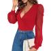 Fayenne Womens Tops Deep V Neck Cross Wrap Sexy Tops Polka Dot Mesh Long Sleeve T Shirt Casual Blouses S Red