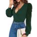 Fayenne Womens Tops Deep V Neck Cross Wrap Sexy Tops Polka Dot Mesh Long Sleeve T Shirt Casual Blouses XL Dark Green