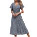 BOXIACEY Spring Dresses for Women 2022 Summer Casual V Neck Short Sleeve Dresses Belted Ruffle Hem A Line Printed Maxi Dress Small Dark Blue