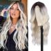 Long Wavy Wig Ombre Platinum Blonde Wigs for Women 24 Inch Middle Part Curly Synthetic Hair Natural Looking Heat Resistant Fiber for Daily Party Use (Ombre Platinum Blonde)