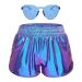 Women Metallic Shiny Shorts Sparkly Hot Dance Bottoms Short Pants Rave Music Festival Outfits with Sunglasses Large Blue