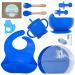 Baby Weaning Set | O'doe Baby Feeding Set (14 Pcs) | Suction Silicone Baby Plate and Bowl Self Eating Utensils Set with Spoons Bibs Toddlers Spoon Set Food Plate Kit with Lid | Blue