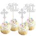 Rsstarxi 24 Pack Baptism Cupcake Toppers First Communion Cupcake Toppers Glitter Cross God Bless Cupcake Picks for Baby Shower Christian Baptism Party Cake Decorations Silver