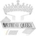 Makone Birthday Queen Sash & Rhinestone Tiara Set Silver Birthday Tiara for Women Birthday Crown for Girls Crystal Hair Accessories Glitter Sash for Party 001 Silver