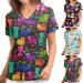 Cat Flower Print V Neck Scrub Top - XX-Large - Black | Nurse Uniform with Pockets - Buy Online on SooperMarket.com