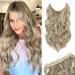 One piece Invisible Wire Hair Extensions Clip in Natural Wavy Synthetic Hair Extension with Transparent Wire Adjustable Size 2 Secure Clips Headband Long Curly Secret Hair Pieces for Women 20inch Mix Ash Blonde