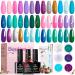 Beetles Mermaid Mantra 20 Colors Gel Nail Polish Set Soak off Glitter Pink Purple Blue Green Gel Polish Gel Base Top Coat Nail Brushes 6 Pcs Glitter Mermaid Stickers Nails