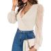 Fayenne Womens Tops Deep V Neck Cross Wrap Sexy Tops Polka Dot Mesh Long Sleeve T Shirt Casual Blouses S Beige
