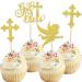 Rsstarxi 24 Pack God Bless and Cross Cupcake Toppers Angel Christening Cupcake Picks Babyshower Boy Baptism Cake Decorations for First Communion Baptism Party Decorations Gold