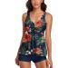 Modest Tankini Swimsuits for Women Two Piece Bathing Suits Floral Print Tank Top with Boyshorts Tummy Control Swimming Suits Large Navy